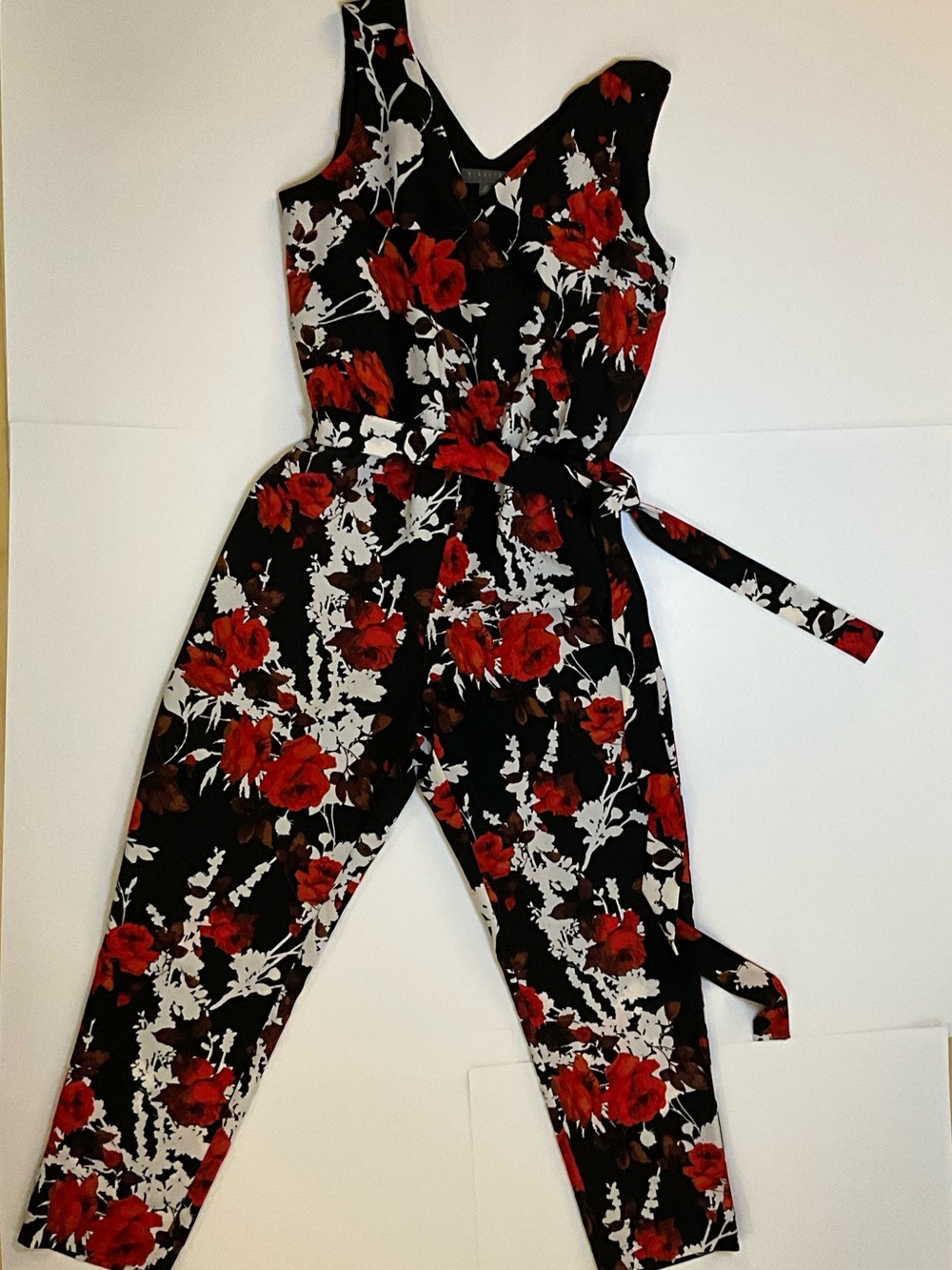 Floral Sleeveless Tie Waist Jumpsuit Black Red Wide Leg Cropped Size L